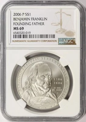2006-P $1 Benjamin Franklin Founding Father Commemorative Dollar NGC MS69 - Image 1 of 2