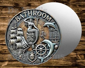Pirate Mermaid BATHROOM Metal Round Sign Wreaths Crafts & miniatures Projects - Picture 1 of 1