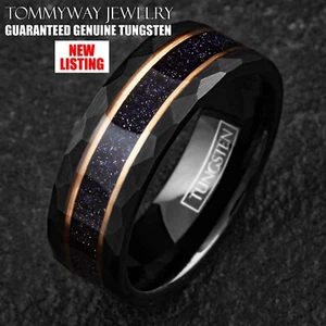Black Rose Gold Plated Faceted Tungsten Carbide Ring Blue Sandstone Wedding Band - Picture 1 of 10