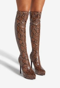 Zaire by SHOEDAZZLE, Brown snake faux leather 5.5" heel OTK/thigh boots, SZ 7 - Picture 1 of 5