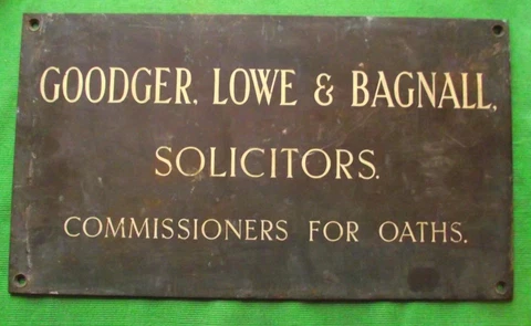 c1900 Brass Goodger Lowe Bagnall Solicitor Antique Sign Plaque  18" X 10"  3.5KG Cover