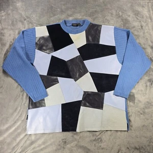 VTG Koman Sport Knit Sweater Mens 3X Blue Faux Leather Suede Patchwork 90s - Bild 1 von 7