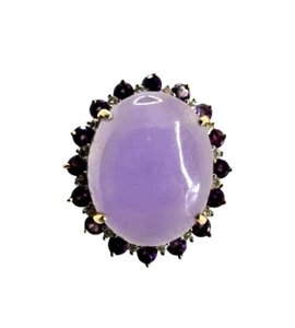 Designer 14K Yellow Gold Purple Jade Cabochon Amethyst Diamond Ring Size 8.25 - Picture 1 of 11