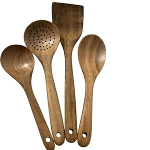 Teak Wooden Cooking Utensils Set of 4 Kitchen Spatula Spoons - Picture 1 of 23