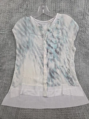 Blusa Elie Tahari Mujer Pequeña Azul Blanco Abstracto Manga Gorra Botón Delantero Foto 1 de 4