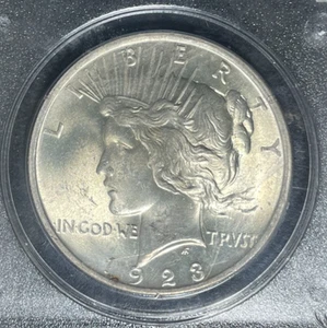 DÓLAR DE PLATA DE LA PAZ 1923 ~ PCGS MS 63 ~HERMOSA MONEDA ~ ANTIGUO SOPORTE DE CASCABEL VERDE - Imagen 1 de 4