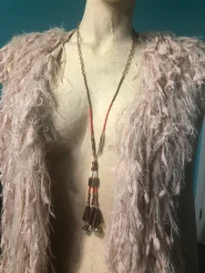 Boho Saatperlen orange braun gold Kette lang Y Tropfen Fx Leder Quaste Halskette - Bild 1 von 9