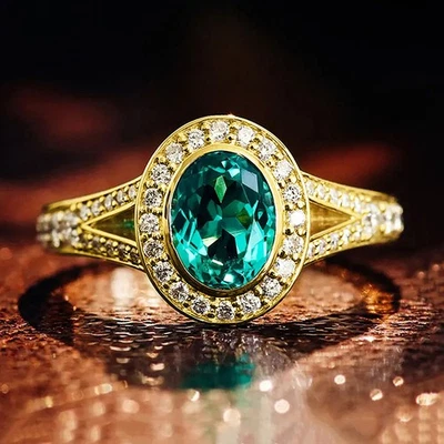 Ring in Gold mit grünem Zirkonia Stein - Damen Gr. 55-63 vergoldet - oval 9mm - Bild 1 von 4