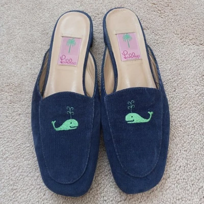 LILLY PULITZER Mujer Azul Marino Pana Cuero Mulas Toboganes Carrera Informal Resort 8M Foto 1 de 4