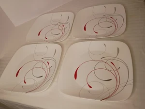 Corelle Splendor Square Dinner Plates 10 1/2" Set of 4 Red Gray Swirls - Picture 1 of 4