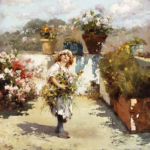 Vincenzo Irolli ""Junges Mädchen sammelt Blumen im Sonnenschein"" Natur Sonnenlicht - Bild 1 von 4
