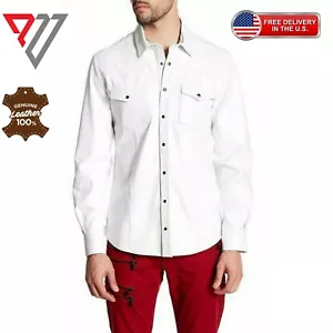 Men's Lambskin Soft White Leather Slim Fit Full Sleeve Biker Casual Button Shirt - Picture 1 of 3