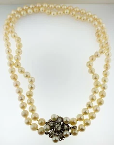 Collar de perlas vintage de doble cadena Akoya 14 kt WG ~ 1,25 quilates diamantes 66 gramos - Imagen 1 de 9