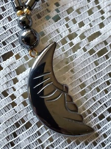 Black Etched tanzanite handcrafted 18" necklace quarter moon pendant gold beads - Picture 1 of 4