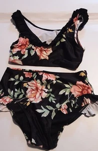 Kabety Girls Black Floral Two Piece Swimsuit 7-8 - Picture 1 of 6