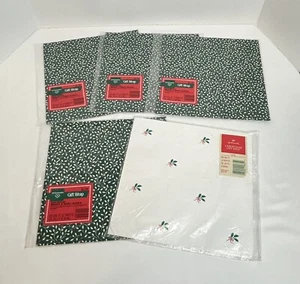 VTG Lot of 5 Hallmark Christmas Flat Wrapping Paper Gift Wrap Holly Berries NOS - Picture 1 of 10