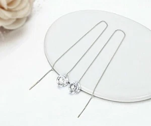 Simulated Diamond Silver Plated Threader 10mm Dangle Long Chain Earrings - Picture 1 of 4