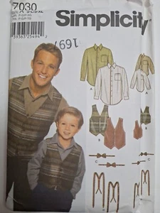 Shirt Vest Suspenders Bow Tie Boys Mens Simplicity 7030 Sewing Pattern Button Up - Picture 1 of 7