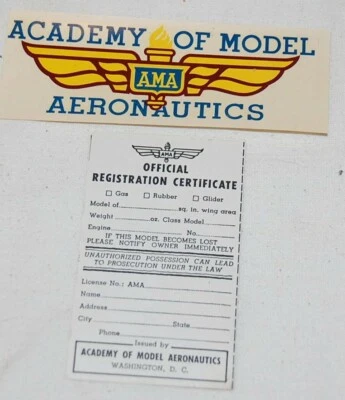VINTAGE AMA ACADEMY OF MODEL AERONAUTICS RED & GOLD DECAL W REGISTRATION CARD - Изображение 1 из 3