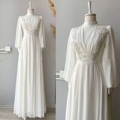 Vintage Muslim Wedding Dresses  Lace Applique Chiffon Long Sleeves Bridal Gowns - Image 1 of 4