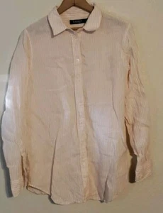 Lauren Ralph Lauren Womens Linen Size LARGE Striped Peach Button-Up Long Sleeve - Picture 1 of 11