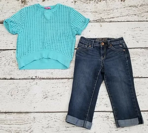 JUSTICE ISAAC MIZRAHI 12 Slim Teal Blue Hole Top and Denim Carpi Shorts 12 - Picture 1 of 6