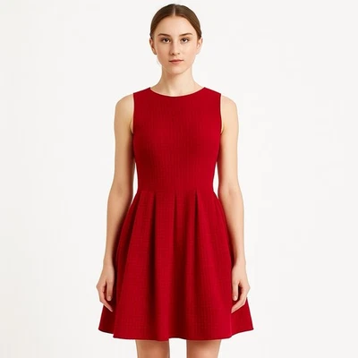 Anthropologie Deletta 红色纹理修身喇叭裙,无袖,S 码 — 第 1/4 张图片