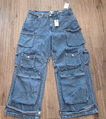 Forever 21 牛仔裤女式 18 蓝色 Y2K 工装实用宽松宽腿宽松全新带标签 — 第 1/4 张图片