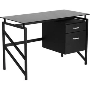 Flash Furniture 2 Drawer Glass Top Home Office Desk in Black - Picture 1 of 3