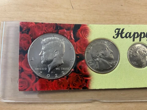 “Happy Anniversary” Birth Year Set - Half Dollar - Cent in Color Card & Sleeve Cover