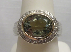 2 TONE STERLING/14KT YG GREEN PRASIOLITE DIAS WOMAN RING SZ 8.5 7.6g I-1910 - Picture 1 of 9