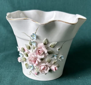 Vintage Lefton China Flower Pot Hand Painted in Gold Pink Rose MCM 3 7/8" YK827 - Picture 1 of 7