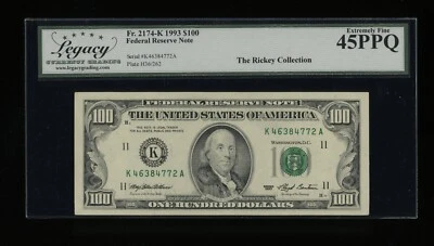 DBR 1993 $100 FRN Dallas Fr. 2174-K Legacy 45 PPQ Serial K46384772A - Image 1 of 2