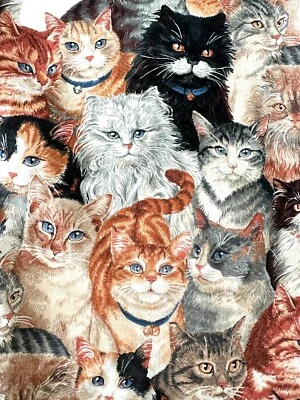 Vintage Cats Fabric Calico Black Gray Tabby Persian Marmalade Cotton 3 Yds x 41" - Image 1 of 4