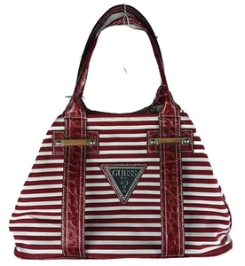Vintage Y2K Guess Jean's Canvas Striped Tote Bag Purse Red White Vegan Croc Trim - Picture 1 of 13