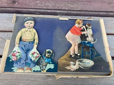 Antique c.1920's - 30's Wood Puzzle Die Cut of 2 Children w Dogs - Image 1 of 4