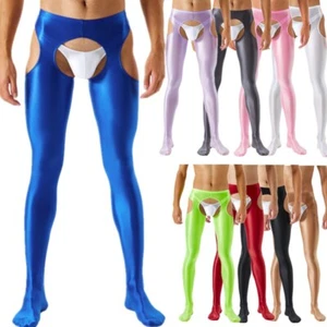 Men Shiny Oily Pantyhose Footed Ultra Thin Sheer Tights Cutout Shimmery Stocking - Picture 1 of 53