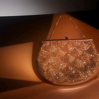 Mid Century Hong Kong Beaded Bag Gold Satin Evening Clutch Hand Sewn Hong Kong - Image 1 of 4