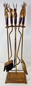 Vintage Messing Hirsch Elchkopf Kamin Werkzeug Set - 4 Stück + Ständer - Bild 1 von 16