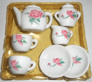 Kinder Porzellan Mini Teeservice Puppenhaus rosa Rosen 9-tlg Set Vintage LESEN - Bild 1 von 9