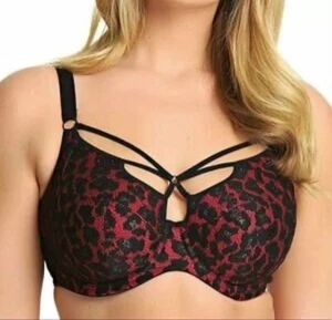 Elomi Nicole Underwire Plunge Cage Bra Size 40L Red Black Lace - Picture 1 of 9