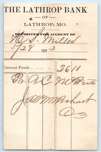 Ricevuta Ephemera THE LATHROP BANK Missouri Deposito 28 maggio 1883 - Foto 1 di 2