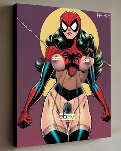 Spider Woman Painting w/COA - Framed Canvas 40X30cm Naked Sexy Comic XXX - Picture 1 of 1