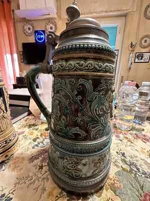 antico boccale da birra con coperchio peltro grosse dimensioni - Immagine 1 di 4