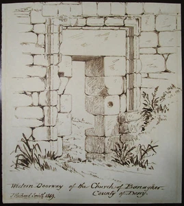 JOSEPH HUBAND SMITH Original Ink Drawing, Banagher Church Doorway, Signed 1849 - Picture 1 of 3