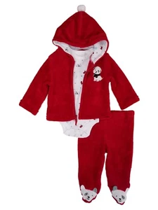 Infant Boys 3pc Baby Outfit Plush Red Puppy Dog Hoodie Pants & Bodysuit Set 6-9m - Picture 1 of 1