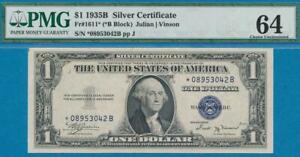 $1.00 1935-B Star Blue Seal Silver Certificate Attractive, Pmg 64