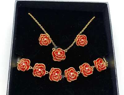 Precioso conjunto de collar, pulsera y pendientes de diseño rosa esmaltado enchapado en oro a juego Foto 1 de 4