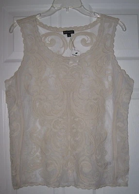 NUEVO CON ETIQUETAS CAMISETA SIN MANGAS EXPRESS NATURAL BORDADA BARROCA MALLA ENCAJE TEJIDO Foto 1 de 4