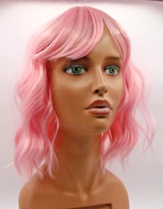 G&T Pink Wig Sweeping Bangs Natural Wave Curly Full Wig 12" Lace Mesh Cap Cospla - Picture 1 of 13